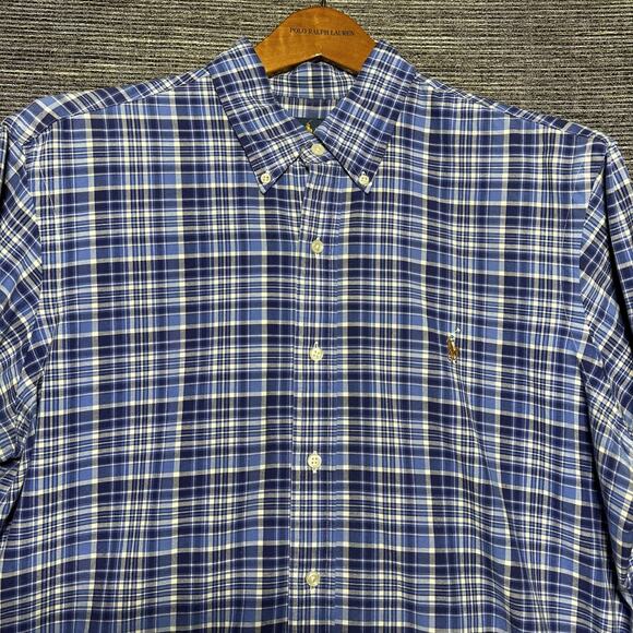 Ralph Lauren Shirt Men's Large Blue Plaid Long Sleeve Button Down Brown Pony - Picture 1 of 14